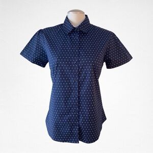 SIMONS TWIK Navy Blouse with Small White Polka Dots Medium -Like new-